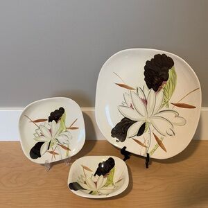 Vintage Red Wing Lotus Bronze Flower Pattern Plate Bowl Set Lot MCM 1950’s